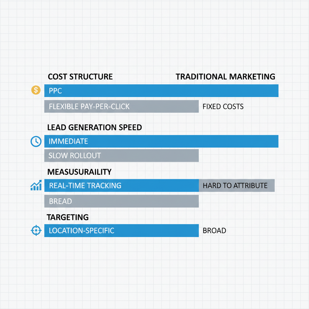 Infographic comparing PPC and traditional marketing for roofers on cost, speed, measurability, and targeting with icons and bars in blue and gray.