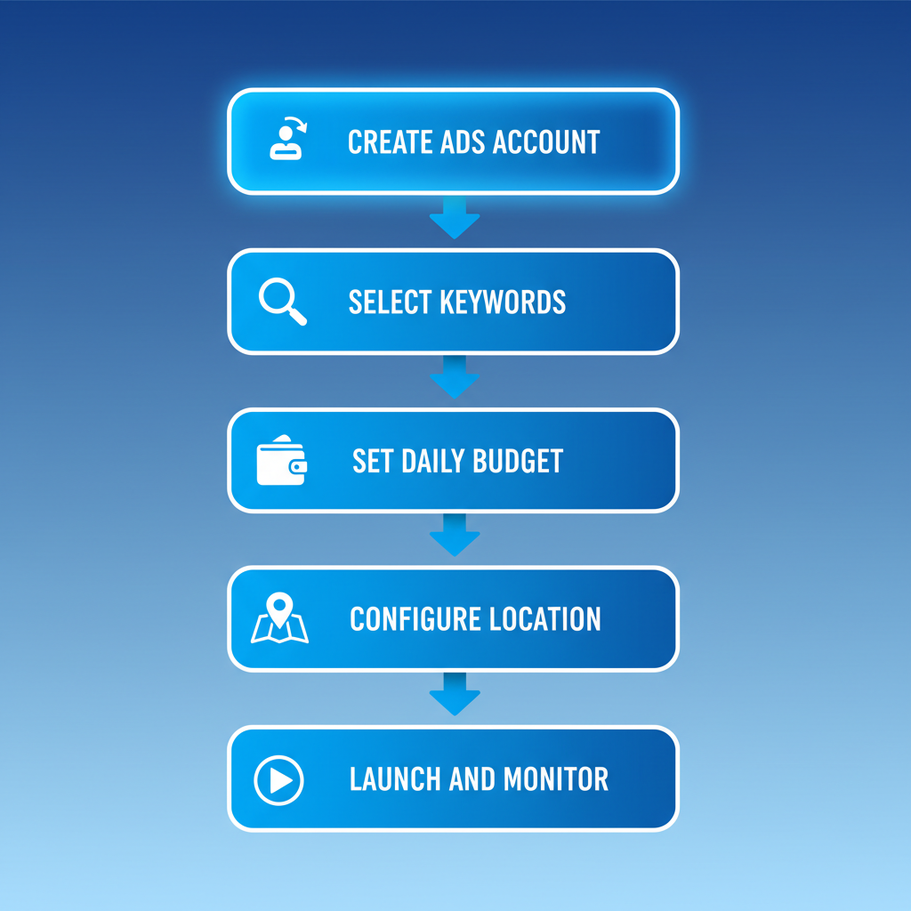 Vertical process flow diagram illustrating five steps for implementing a PPC campaign for roofers, including account creation, keyword selection, budget setting, location targeting, and launching with monitoring.
