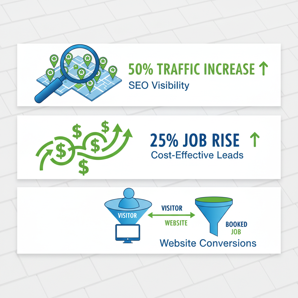 Infographic showing three benefits of digital marketing for roofers: increased visibility, cost-effective leads, and enhanced conversions with key statistics