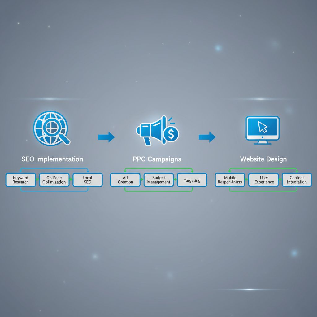 Horizontal process flow diagram illustrating three stages of digital marketing for roofing: SEO, PPC campaigns, and website design.