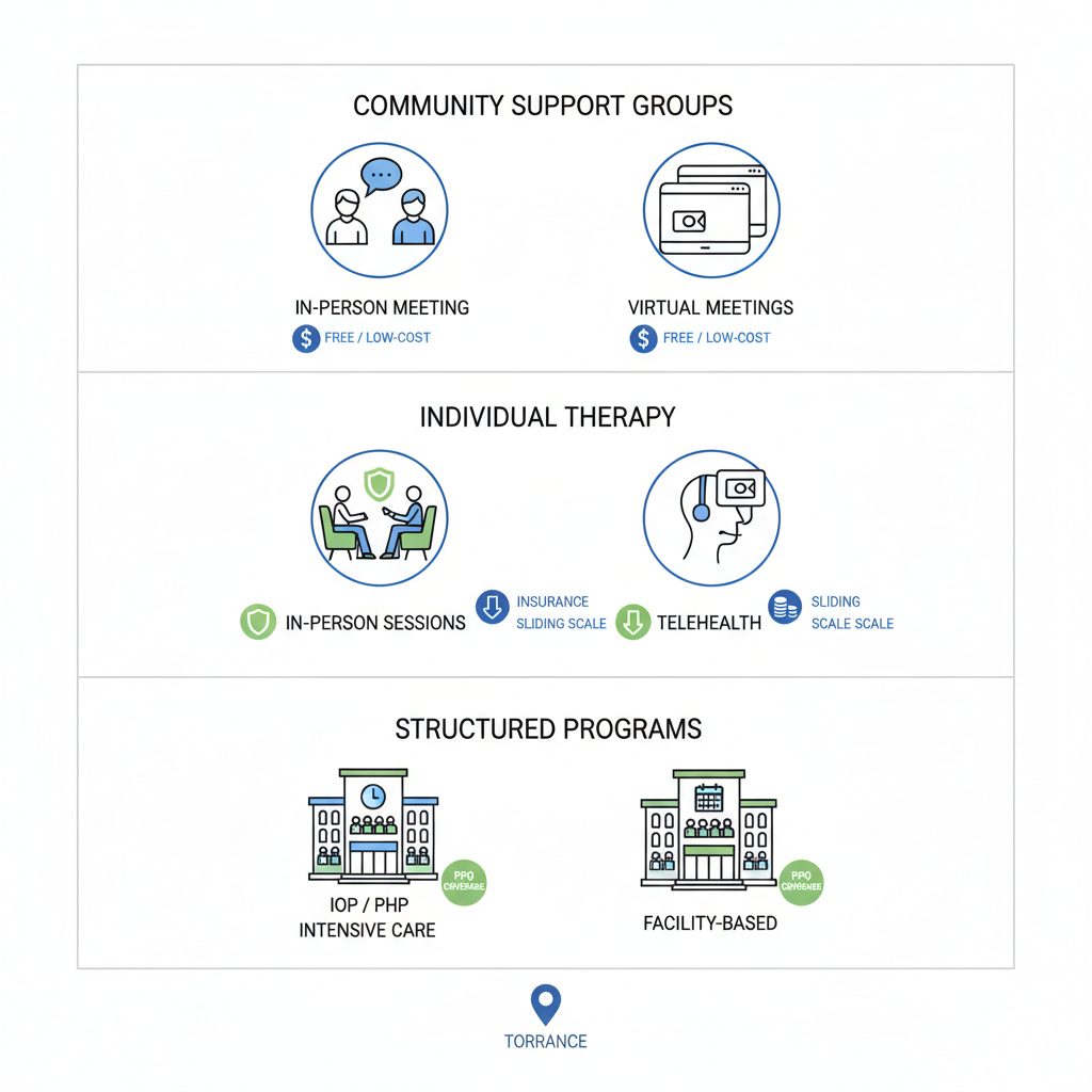 Infographic illustrating community support groups, individual therapy options, and structured mental health programs in Torrance with accessibility details and icons.