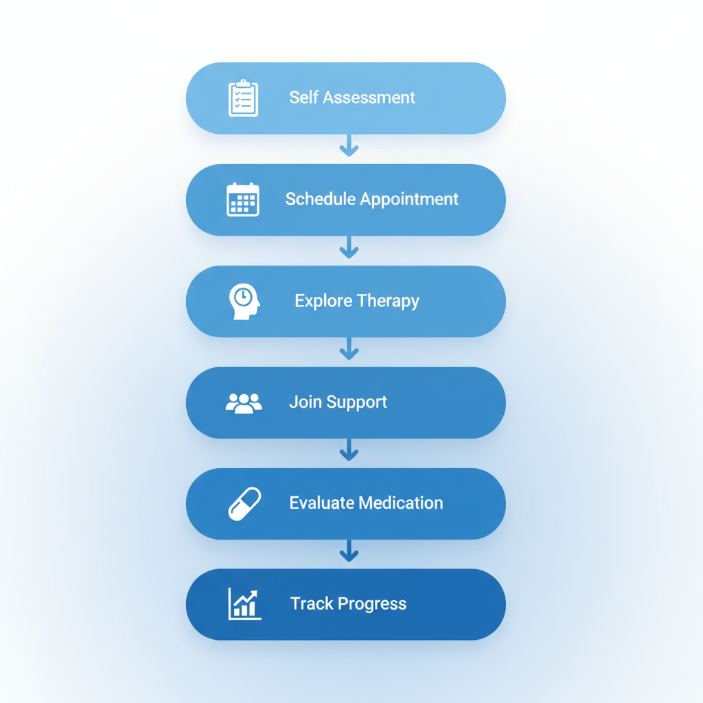 Vertical process flow diagram illustrating six steps to begin treatment for postnatal depression, featuring icons for self-assessment, appointment scheduling, therapy exploration, support groups, medication evaluation, and progress tracking.