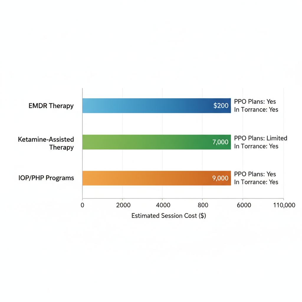 Horizontal bar chart showing PTSD treatment costs in Torrance: EMDR, Ketamine, and IOP programs with insurance and availability labels