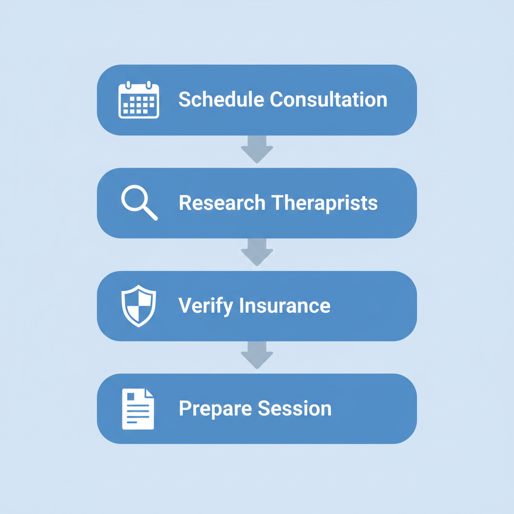 Vertical process flow diagram illustrating four steps to start PTSD therapy: schedule consultation with calendar icon, research therapists with search icon, verify insurance with shield icon, and prepare for session with document icon, connected by arrows.