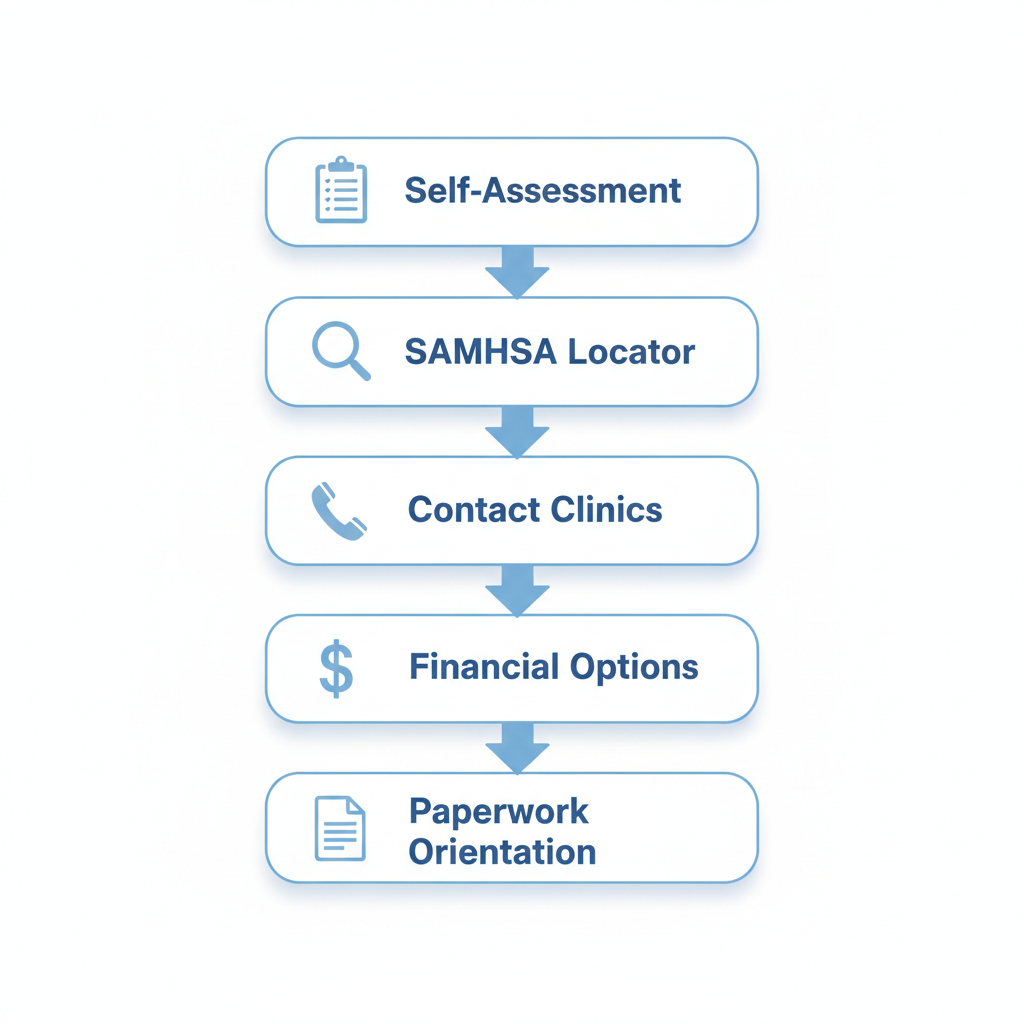 Vertical process flow diagram showing five steps to start IOP for depression treatment in Torrance
