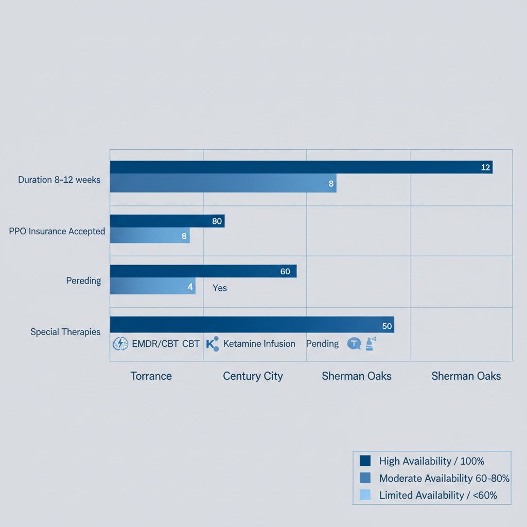 Horizontal bar chart comparing intensive outpatient programs for depression at Felicity Mental Health locations including duration, insurance, and special therapies.