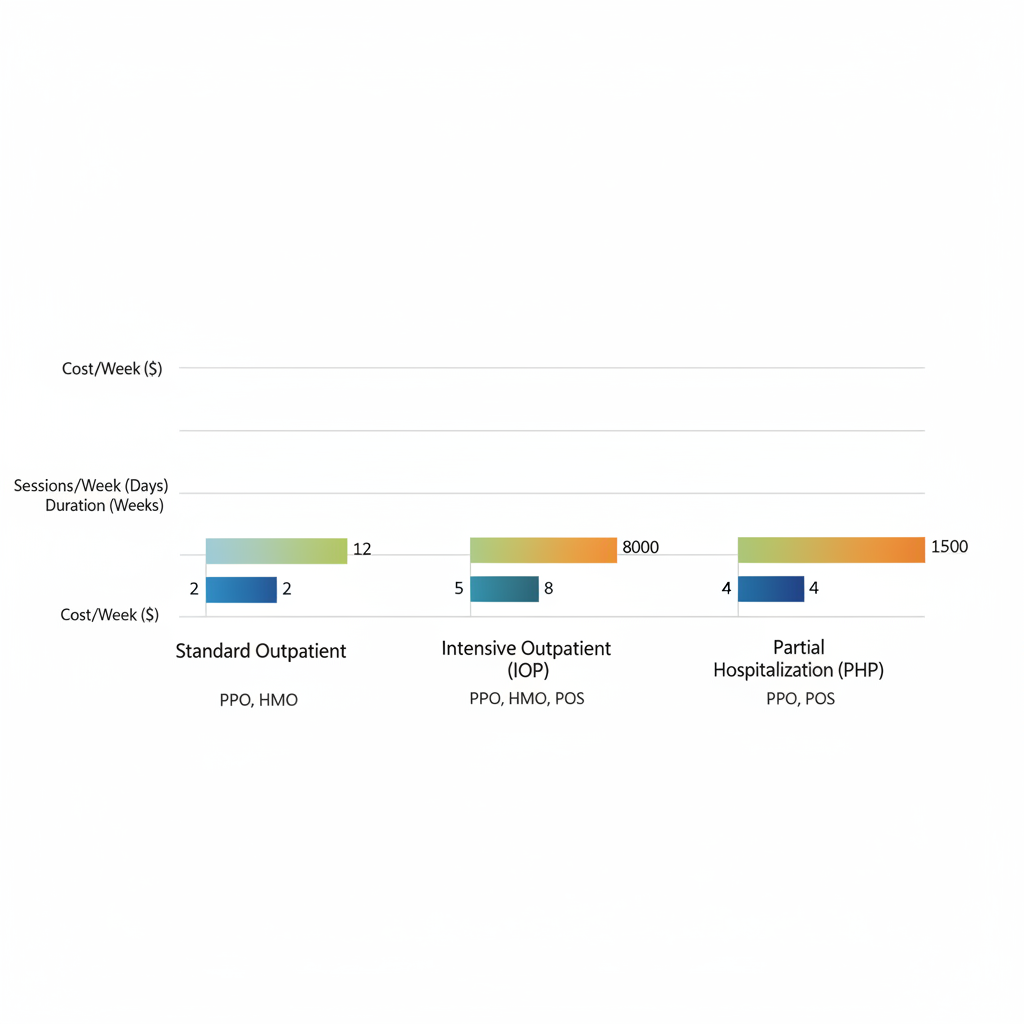 Horizontal bar chart comparing Standard Outpatient, IOP, and PHP anxiety treatment programs in Torrance by frequency, duration, and cost.