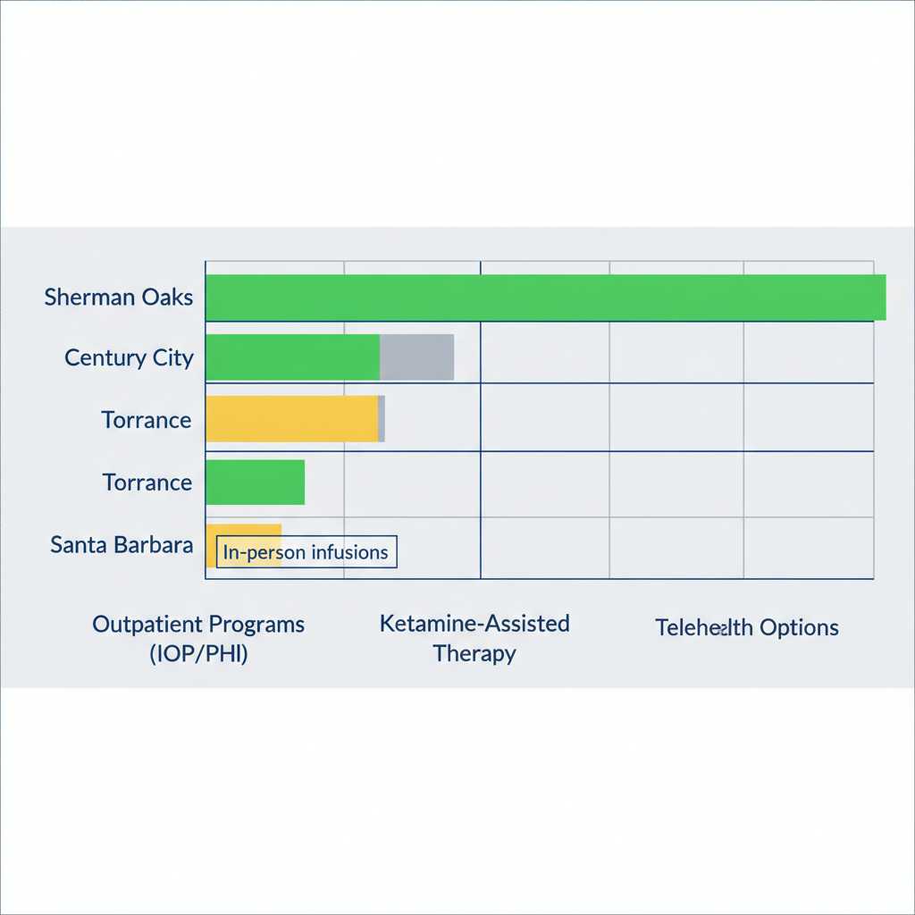 Horizontal bar chart comparing mental health services availability in Los Angeles areas including Sherman Oaks, Century City, Torrance, and Santa Barbara.