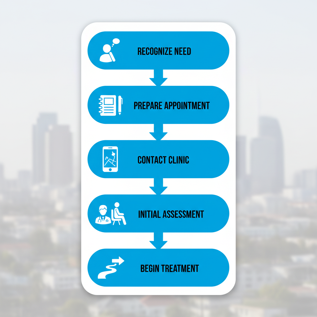 Vertical process flow diagram illustrating five steps to begin a mental health journey in Los Angeles with empathetic icons and subtle city background