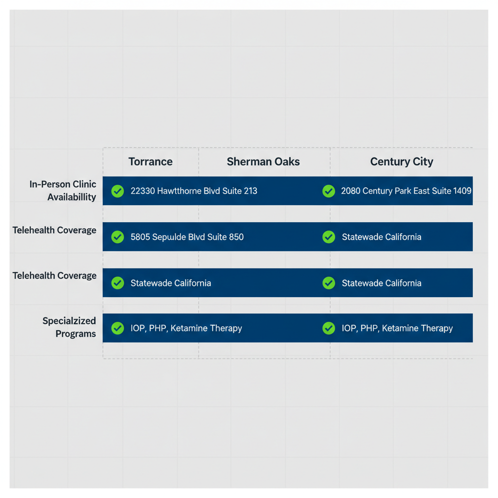 Bar chart comparing mental health clinic availability, telehealth coverage, and specialized programs across Torrance, Sherman Oaks, and Century City locations.