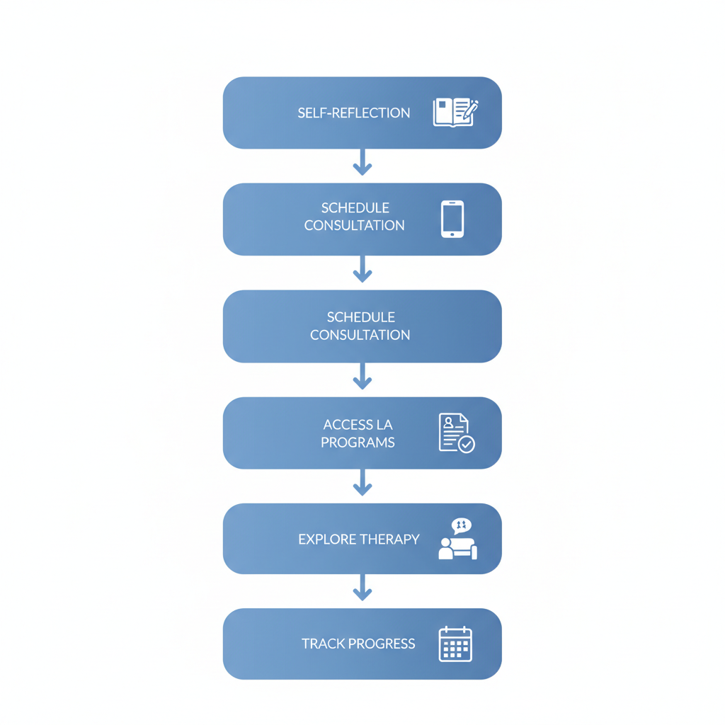 Vertical process flow diagram illustrating five steps to begin mental health care in Torrance with icons and blue rounded stages.