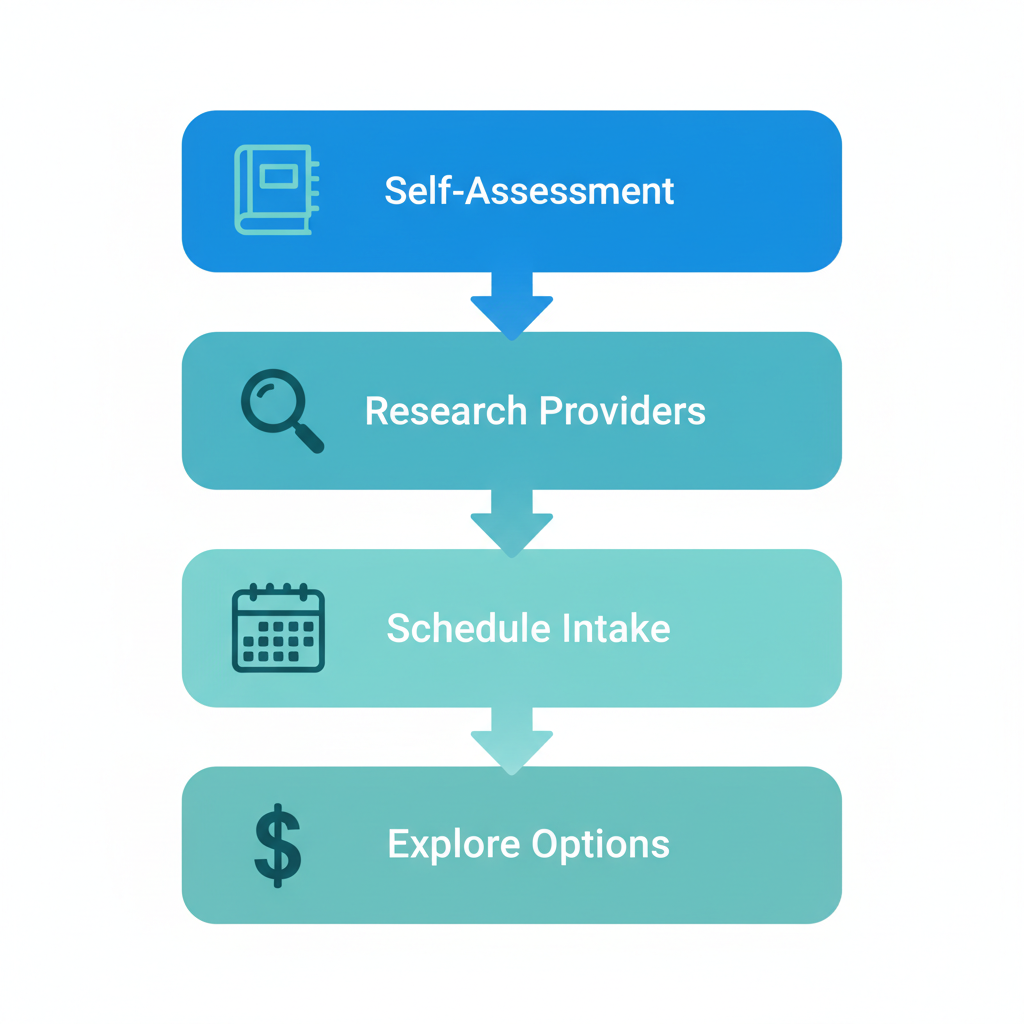 Vertical process flow diagram illustrating four steps to start women's mental health treatment in Torrance with icons and brief labels.