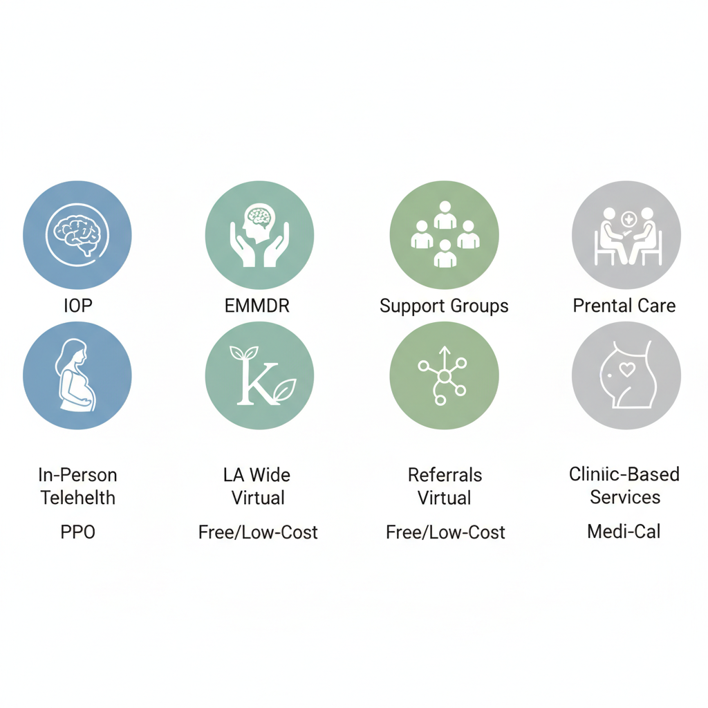 Infographic comparing women's mental health resources in Torrance: Felicity, NAMI, and LA County providers with service icons.