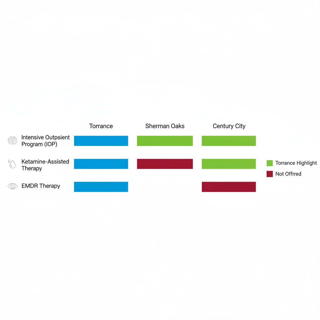 Horizontal bar chart comparing mental health program availability in Torrance, Sherman Oaks, and Century City clinics