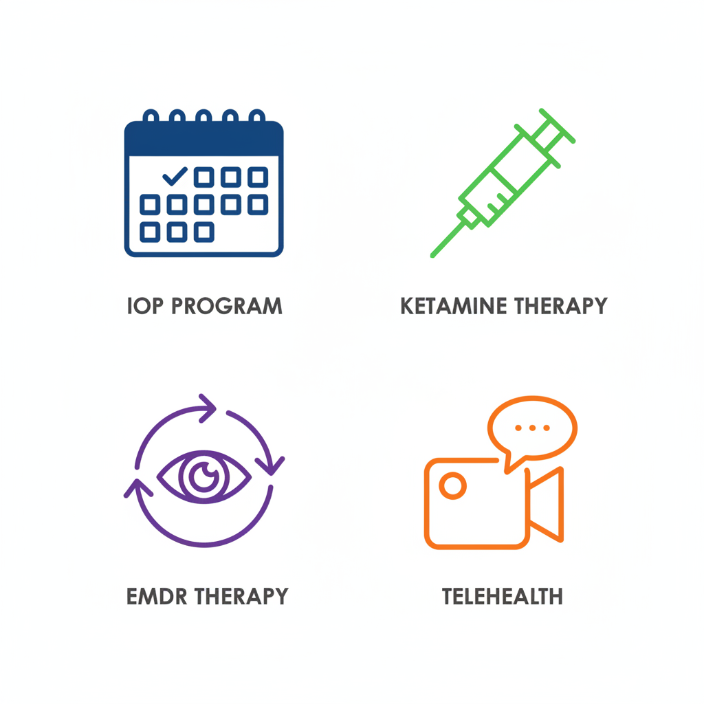 Grid of four icons depicting key mental health services: Intensive Outpatient Program, Ketamine Therapy, EMDR Therapy, and Telehealth.