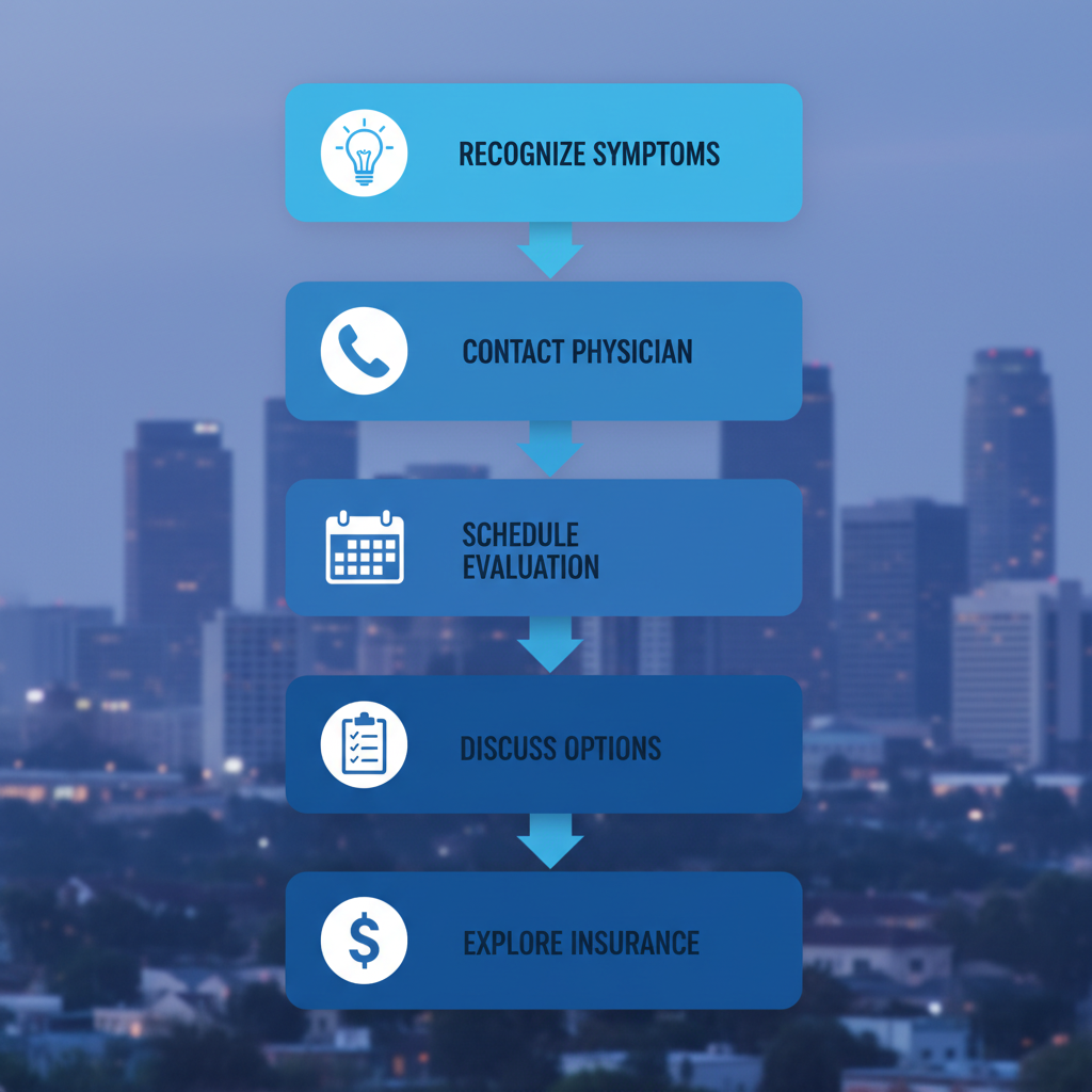 Vertical process flow diagram illustrating five steps to initiate depression treatment in Torrance, featuring icons and minimal labels.