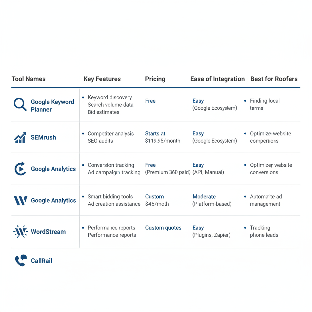 Infographic comparing top Google Ads tools for roofing businesses including features, pricing, and integration ease