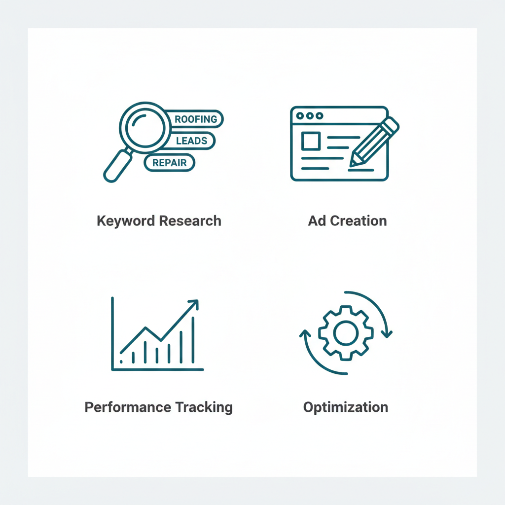 Icon grid showing essential Google Ads tools for roofing lead generation: keyword research, ad creation, performance tracking, and optimization.