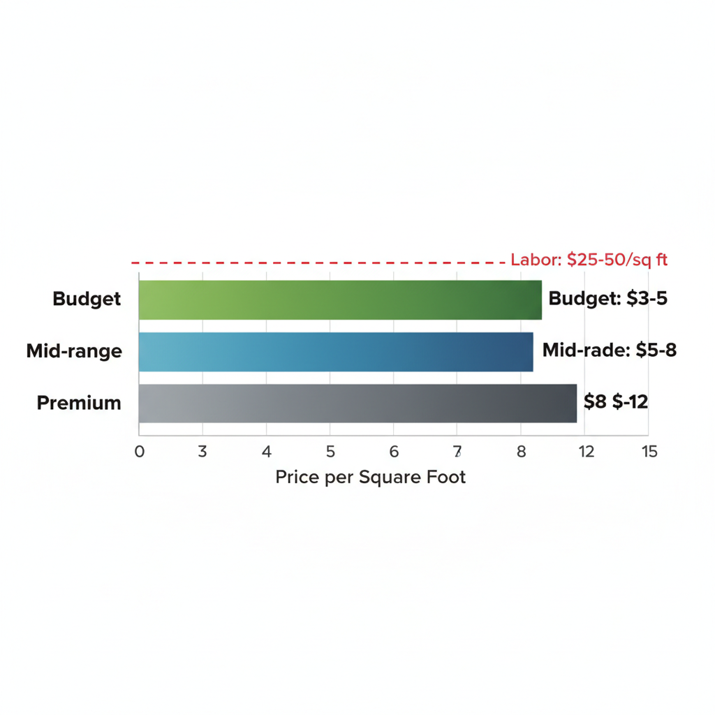 Horizontal bar chart showing composite decking cost tiers including budget, mid-range, premium, and labor costs per square foot