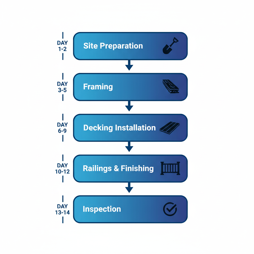 Vertical process flow diagram illustrating the five key stages of composite deck installation with icons and timeline markers