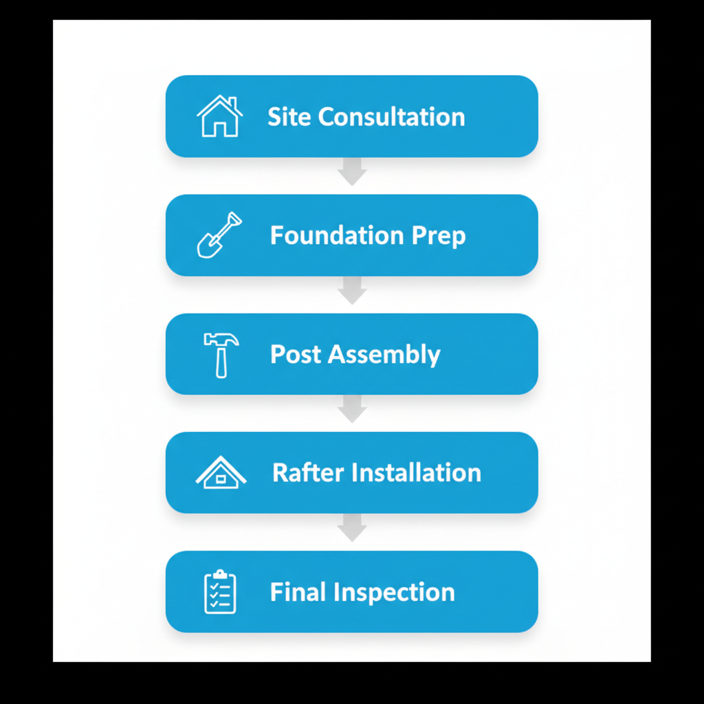 Vertical process flow illustrating five stages of custom pergola installation with icons and minimal labels.