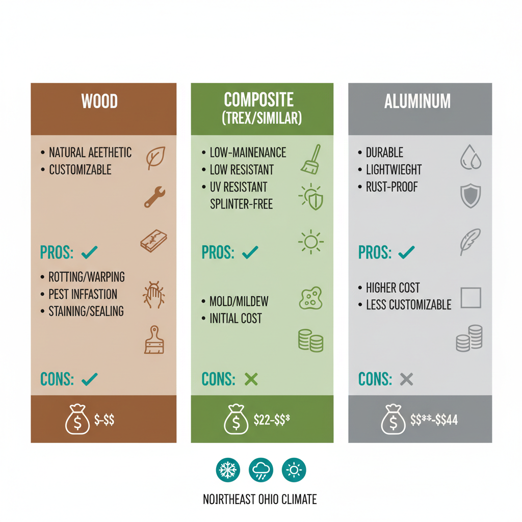 Infographic comparing wood, composite, and aluminum pergola materials for Northeast Ohio, including pros, cons, costs, and climate icons.