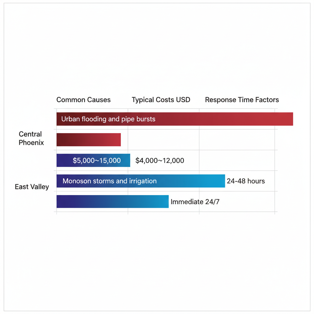 Horizontal bar chart comparing water damage causes, costs, and response times in Central Phoenix and East Valley