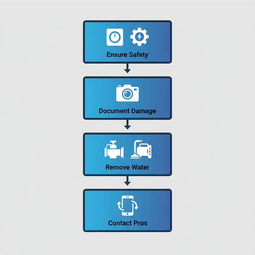Vertical process flow illustrating four initial steps for water restoration in a Phoenix home: ensure safety, document damage, remove standing water, contact professionals.
