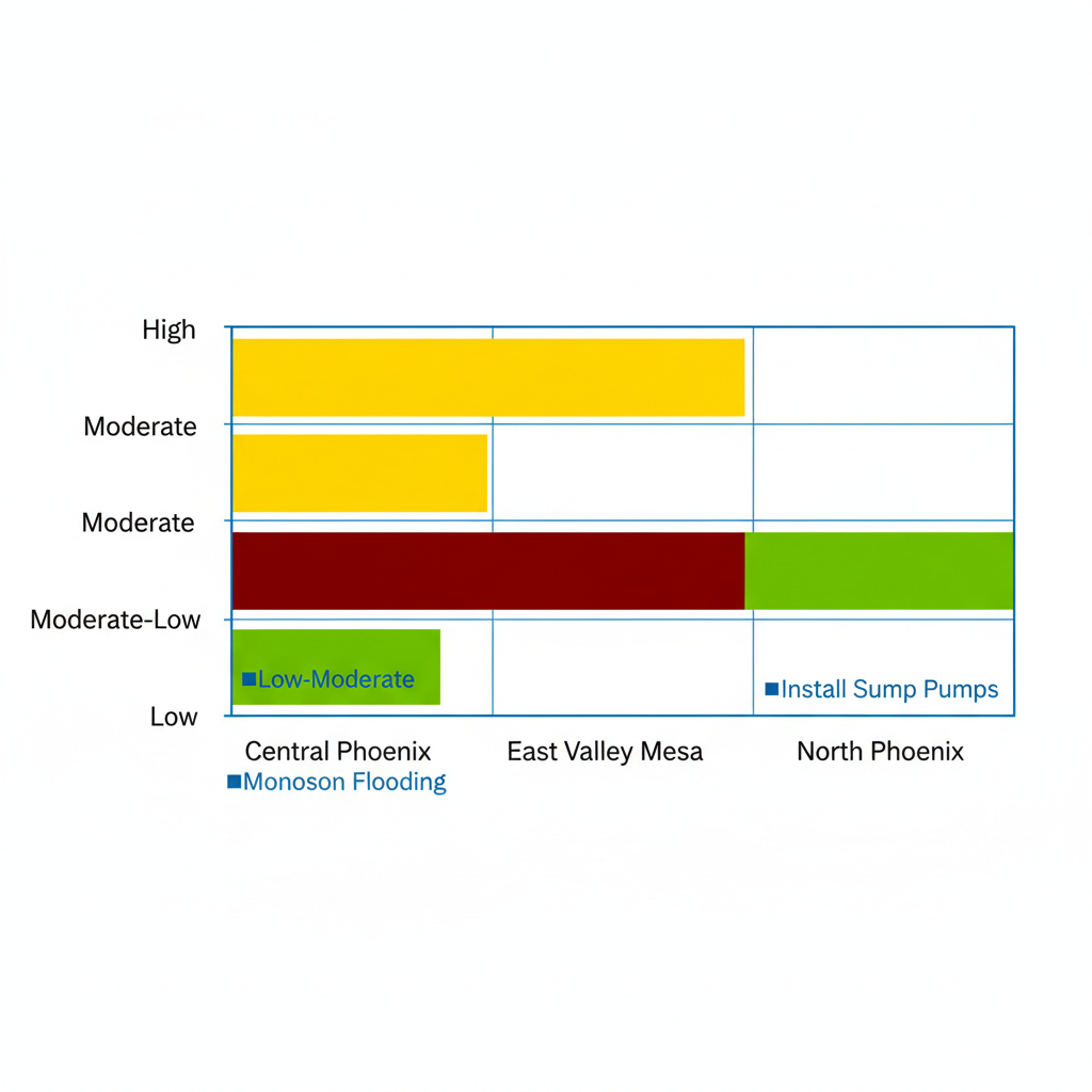 Horizontal bar chart comparing water damage risk levels in Central Phoenix, East Valley Mesa, and North Phoenix neighborhoods with color-coded bars and prevention tips.