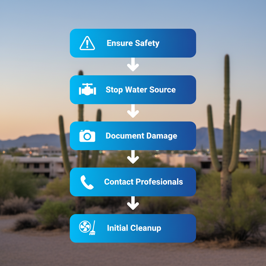 Vertical process flow illustrating immediate safety steps after water damage in Phoenix with icons and connected stages