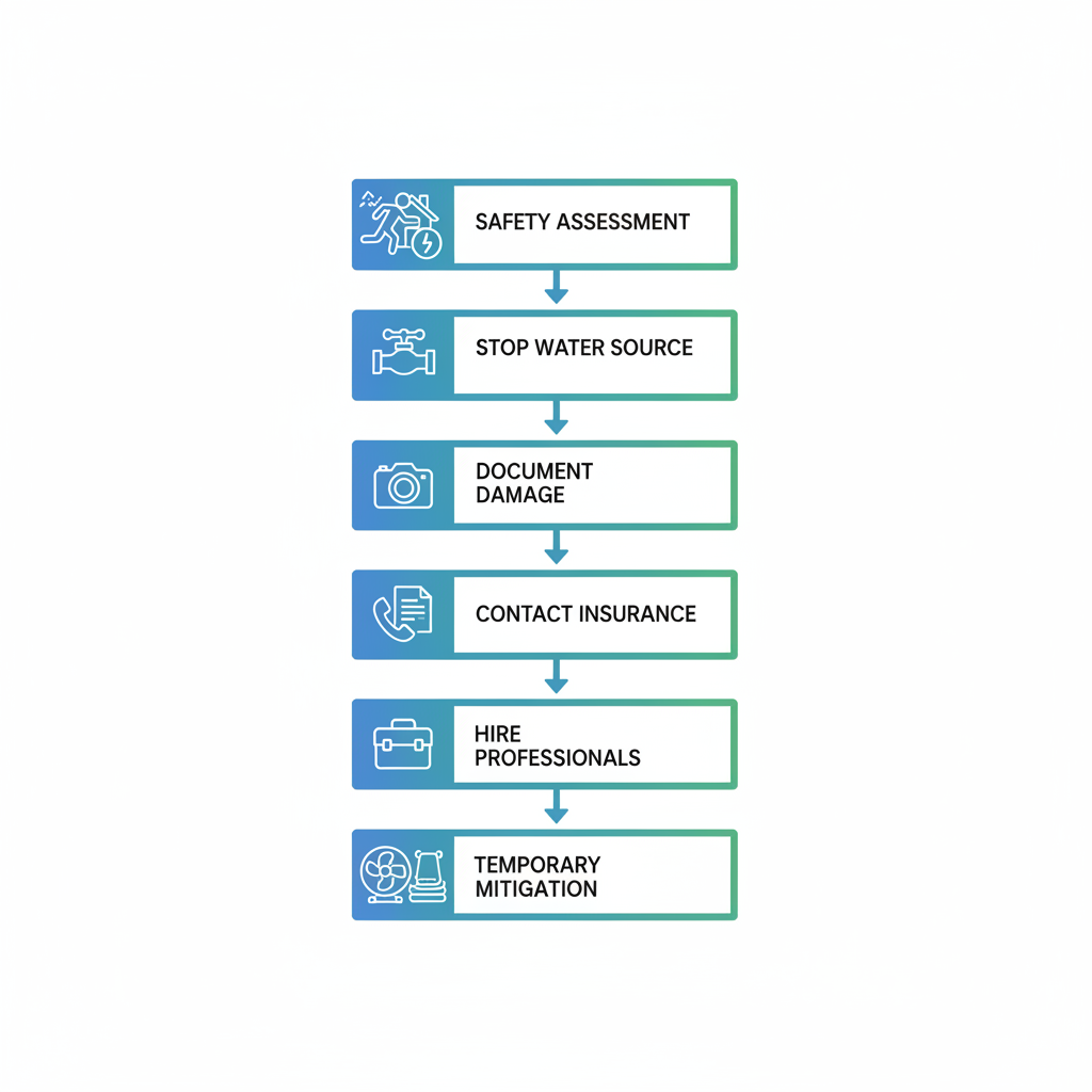 Vertical process flow diagram illustrating six initial steps for responding to water damage in homes, including safety checks and professional hiring.