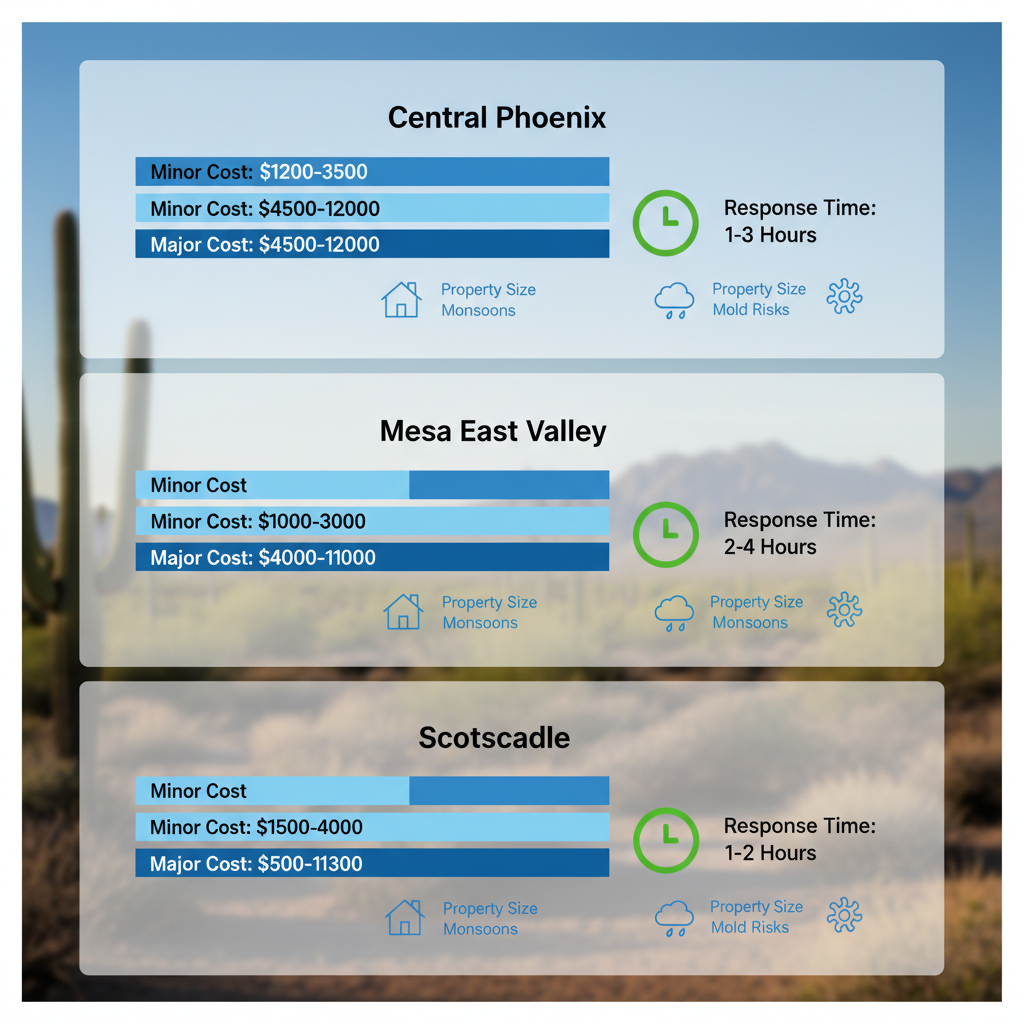 Infographic comparing water damage repair costs and response times in Central Phoenix, Mesa, and Scottsdale areas