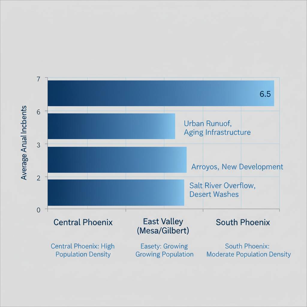 Bar chart comparing flood risks in Central Phoenix, East Valley, and South Phoenix areas