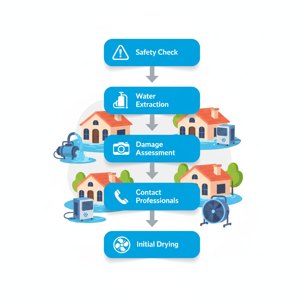 Vertical process flow diagram illustrating five key steps for flood cleanup: safety check, water extraction, damage assessment, contacting professionals, and initial drying with icons.