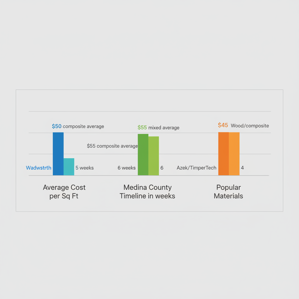 Bar chart comparing deck installation costs, timelines, and materials in Wadsworth, Medina County, and Akron.
