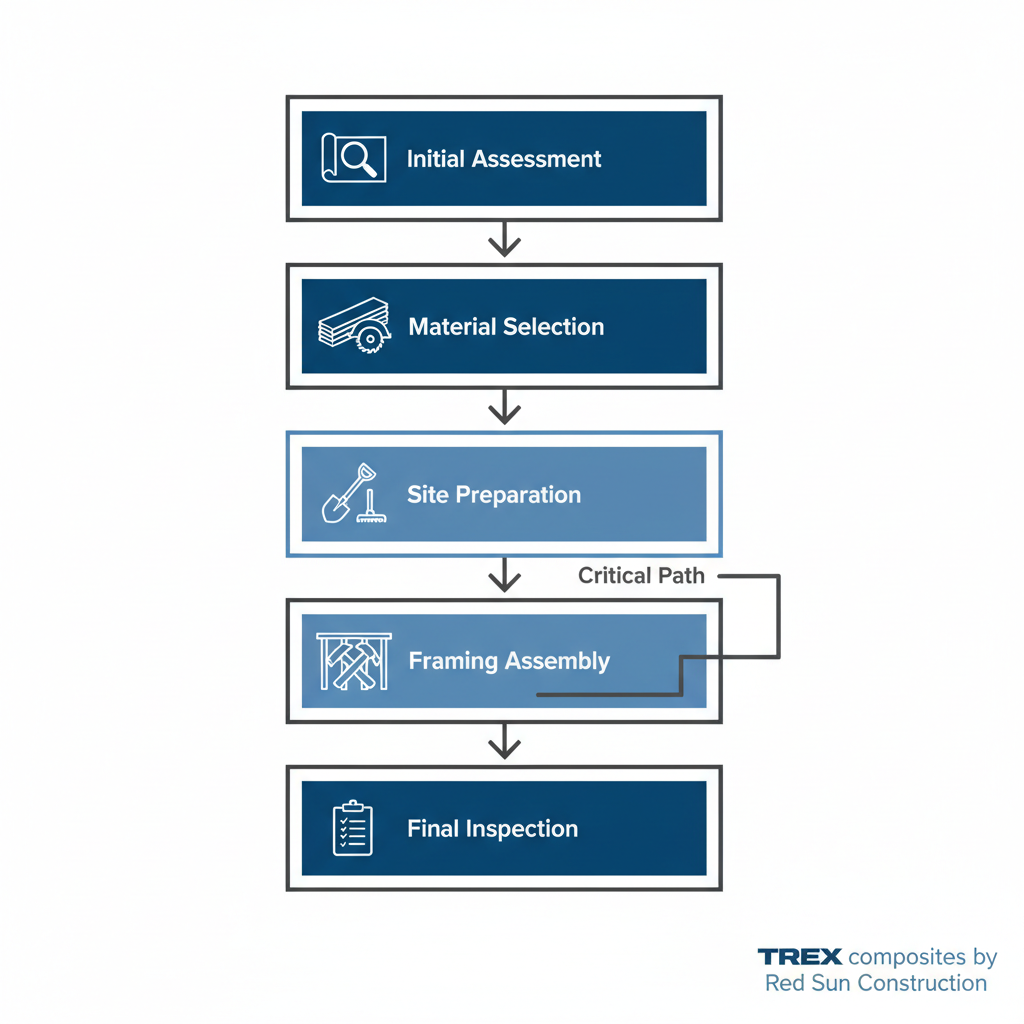 Vertical flowchart of five stages in deck installation: assessment, material selection with Trex, site preparation, framing, and inspection.