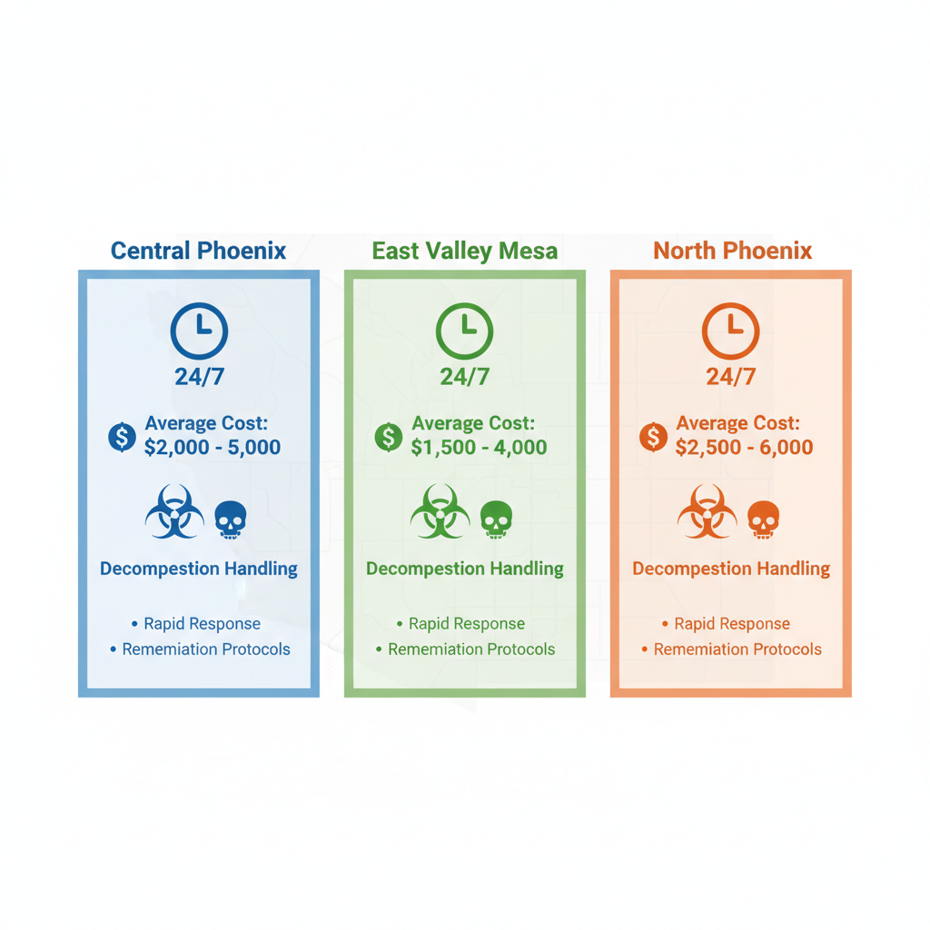 Infographic comparing crime scene cleanup services across Central Phoenix, East Valley Mesa, and North Phoenix regions