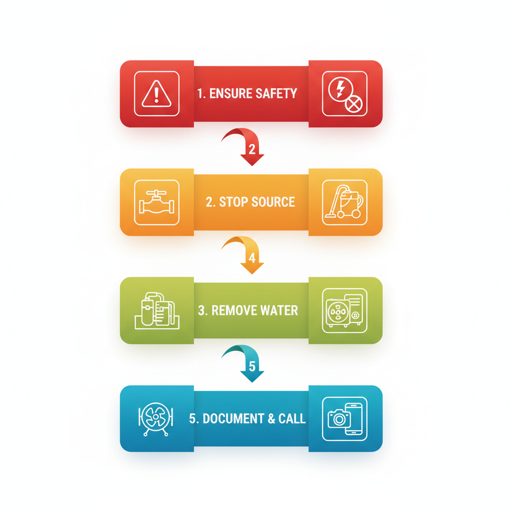 Vertical process flow diagram illustrating five immediate steps for water damage response: ensure safety, stop water source, remove standing water, dry materials, and document to contact professionals.