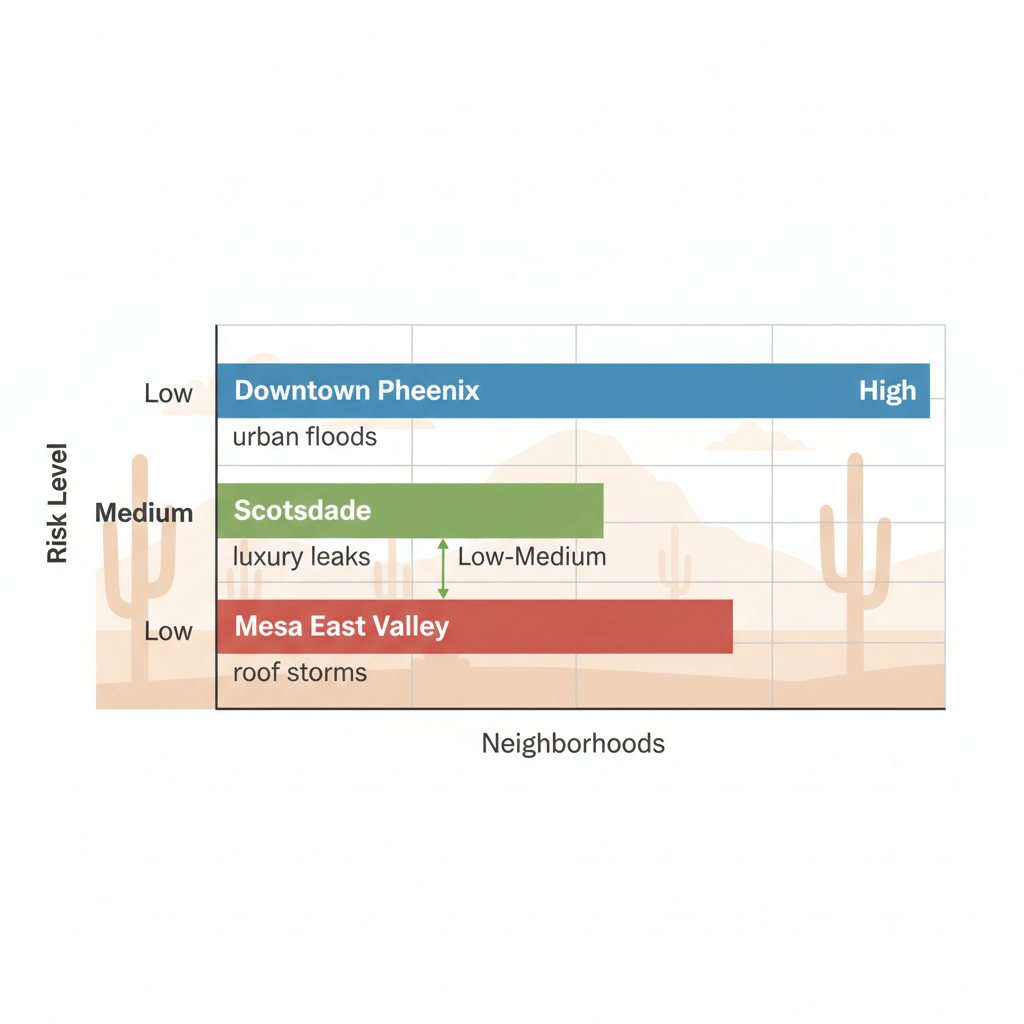Horizontal bar chart illustrating water damage risk levels in Phoenix neighborhoods including Downtown, Scottsdale, and Mesa East Valley based on flood and leak assessments.