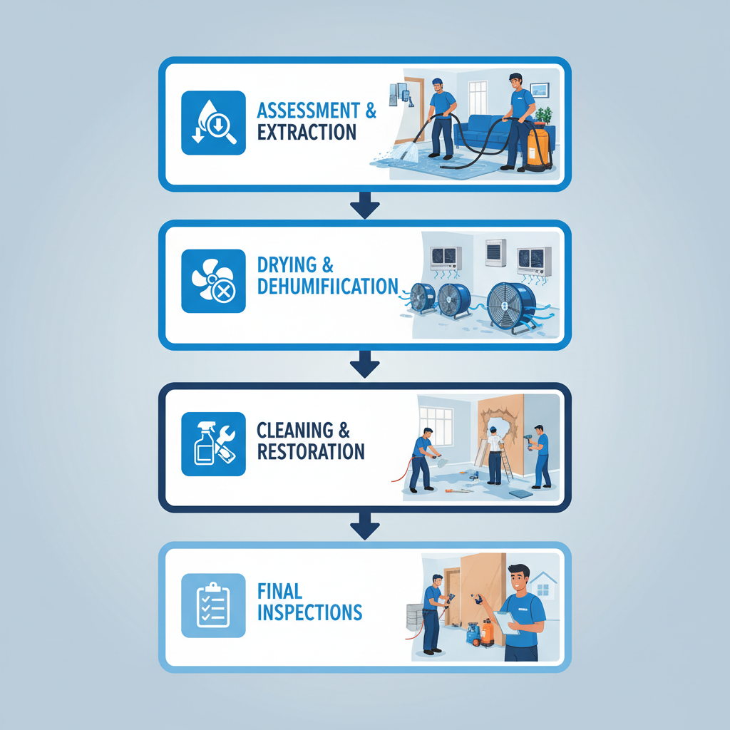 Vertical process flow diagram illustrating four key stages of professional flood cleanup: assessment and extraction, drying and dehumidification, cleaning and restoration, final inspections.