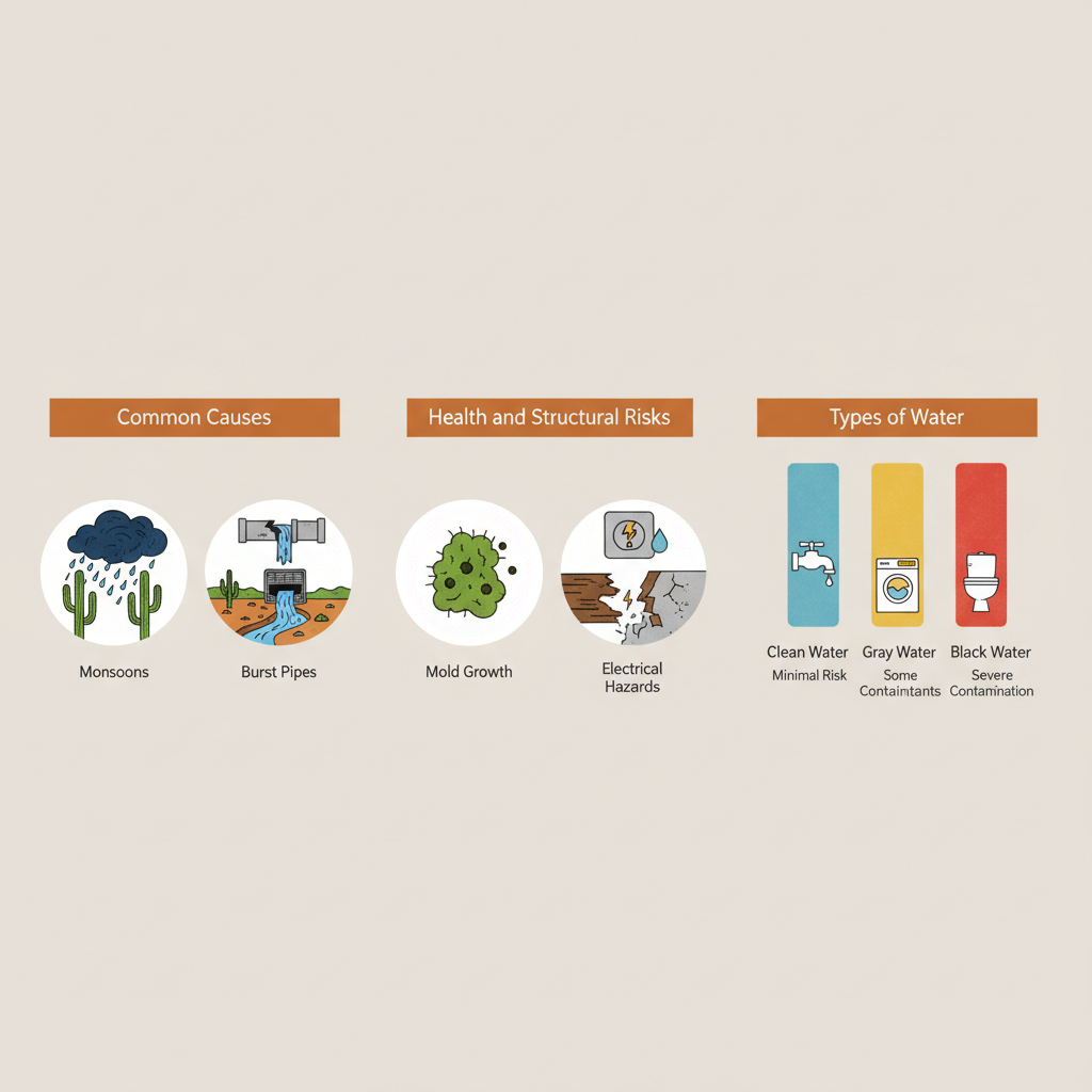 Infographic showing causes, risks, and types of flood damage in Phoenix residential settings