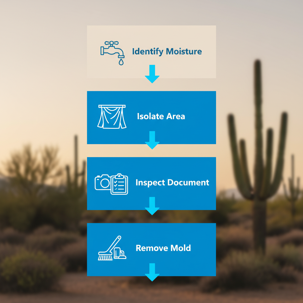 Vertical process flow diagram showing four steps for initial mold remediation: identifying moisture source, isolating area, visual inspection, and removing mold, with desert-themed background.