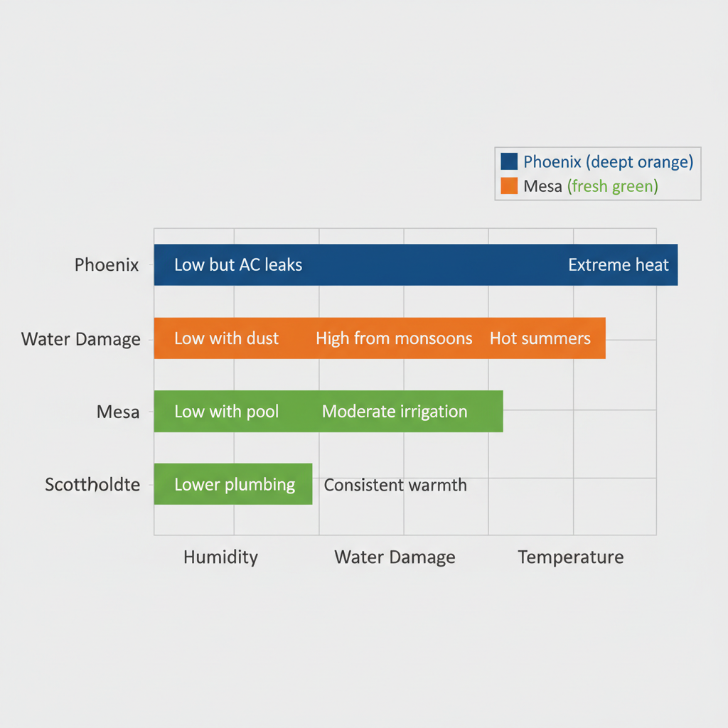 Horizontal bar chart comparing mold growth factors including humidity, water damage, and temperature impacts across Phoenix, Mesa, and Scottsdale