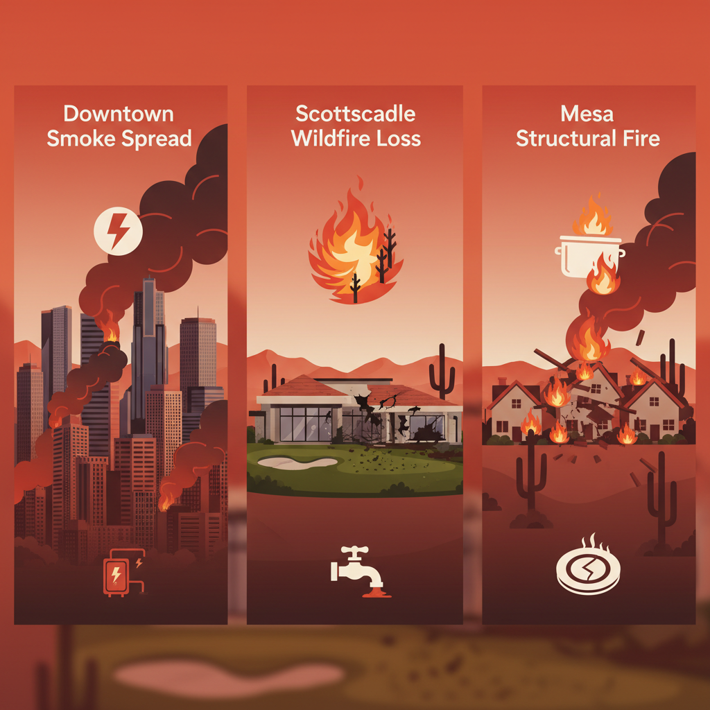 Infographic showing fire damage risks in Phoenix neighborhoods: Downtown, Scottsdale, and Mesa with icons and minimal labels.