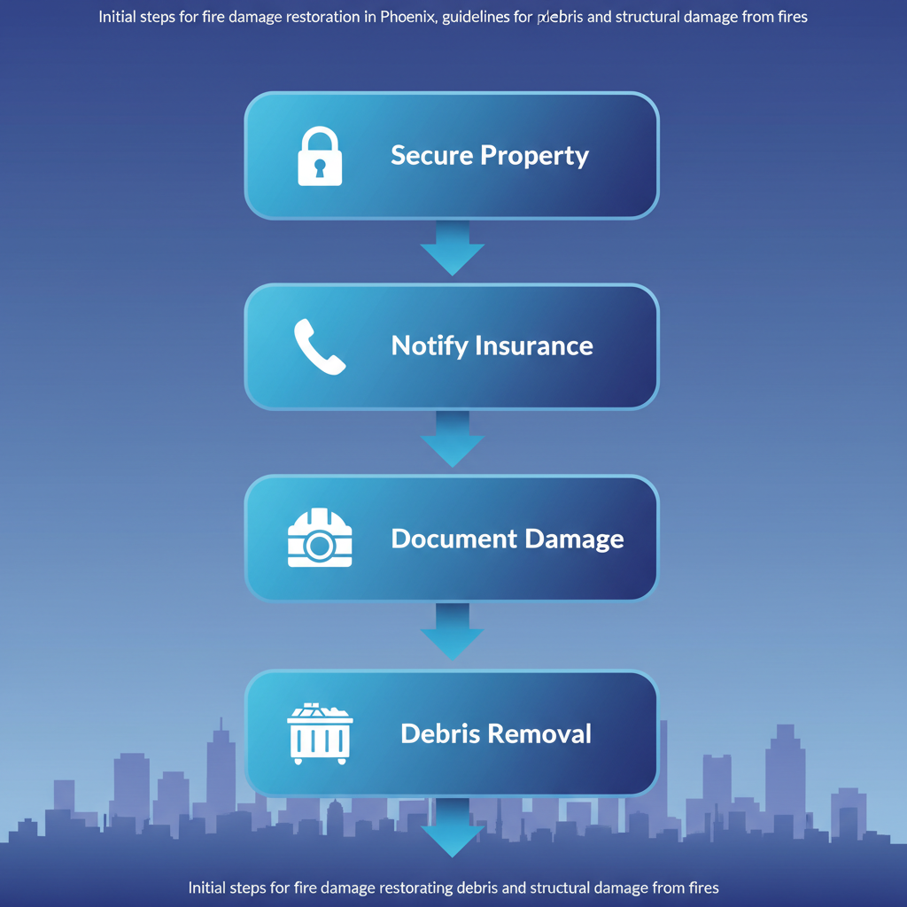 Vertical process flow diagram illustrating the five initial steps for fire damage restoration in Phoenix: securing the property, notifying insurance, documenting damage, hiring experts, and coordinating debris removal.