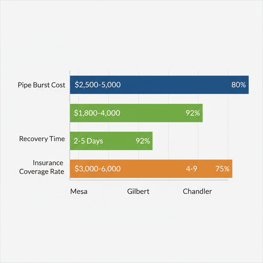 Horizontal bar chart comparing water damage costs, recovery times, and insurance coverage in Mesa, Gilbert, and Chandler, Arizona