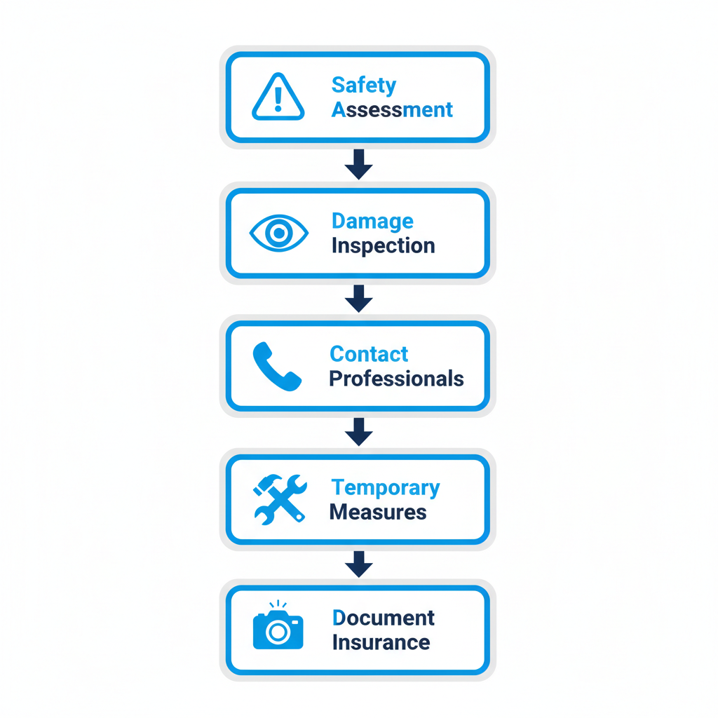 Vertical process flow diagram illustrating five sequential steps for initial water damage restoration in Mesa, Arizona, focusing on safety and professional response.