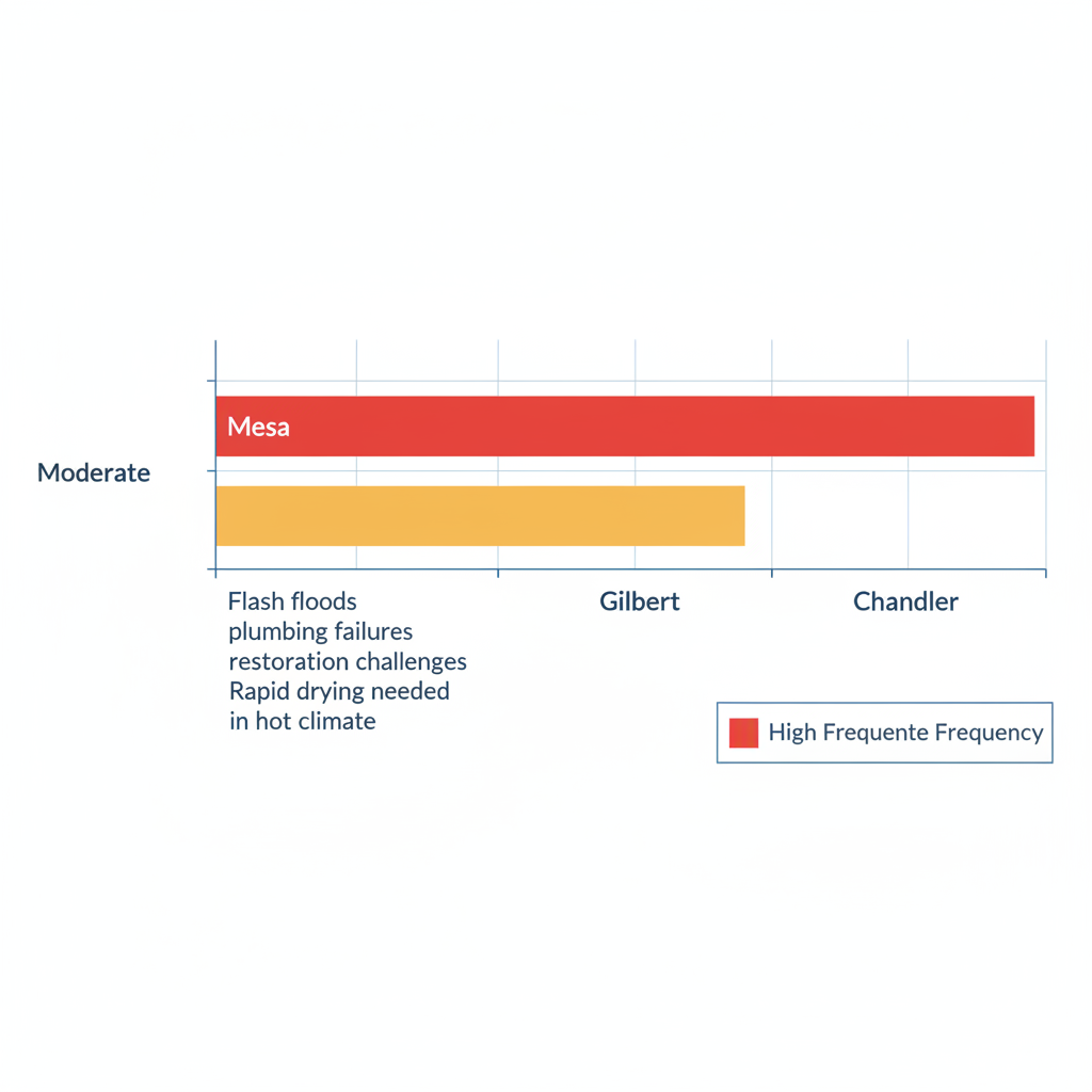 Horizontal bar chart comparing water damage frequency levels in Mesa, Gilbert, and Chandler areas with causes and challenges.