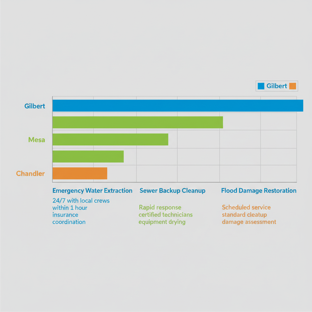 Horizontal bar chart comparing water damage restoration service quality levels in Gilbert, Mesa, and Chandler, Arizona