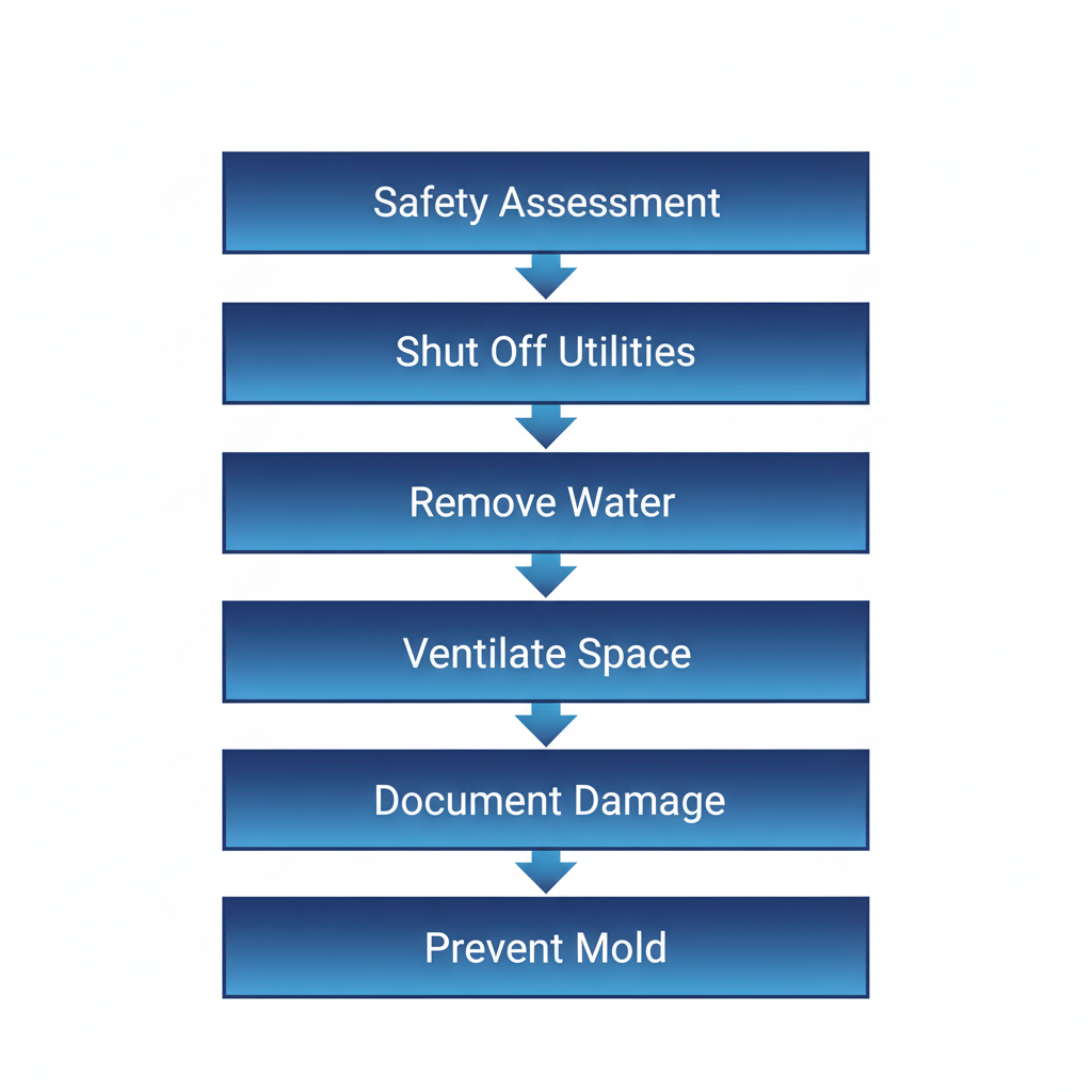Vertical process flow diagram showing six initial steps for water damage restoration: safety check, utility shutoff, water removal, ventilation, damage documentation, and mold prevention.